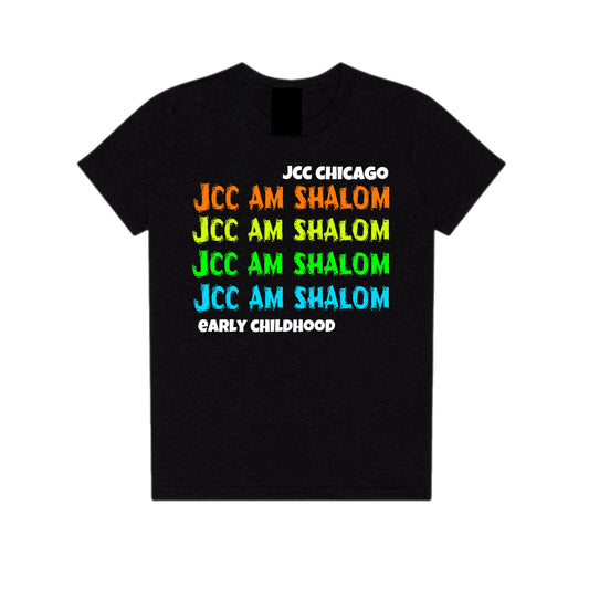 Neon rainbow JCC Am Shalom tee