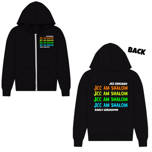 Neon rainbow JCC Am Shalom zip hoodie