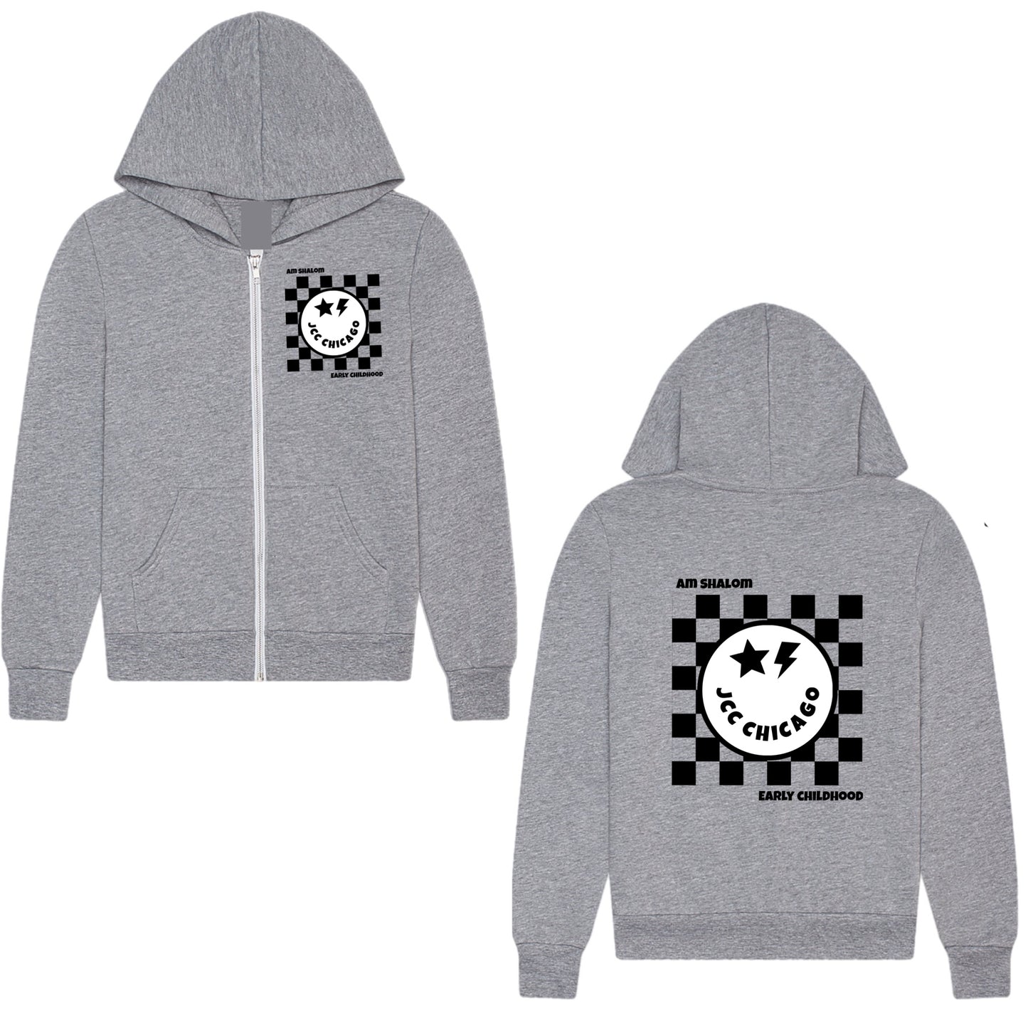 Checkered emoji JCC Am Shalom zip hoodie