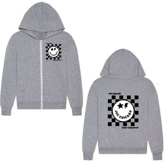 Checkered emoji JCC Am Shalom zip hoodie