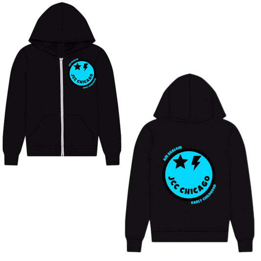 Blue emoji JCC Am Shalom zip hoodie