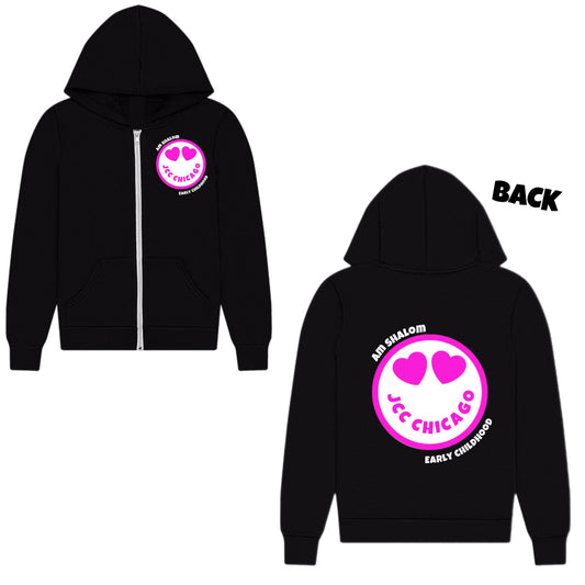 Pink emoji JCC Am Shalom zip hoodie